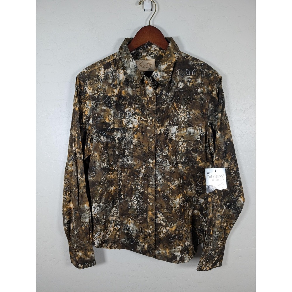 Scully Shirt Womens XL Brown Western Paisley Snap Button Long Sleeve Cowboy